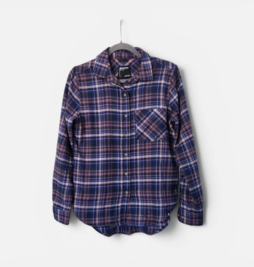 Marmot Maggie Blue Purple Flannel Plaid Button Back Detail Shirt, Women's Small